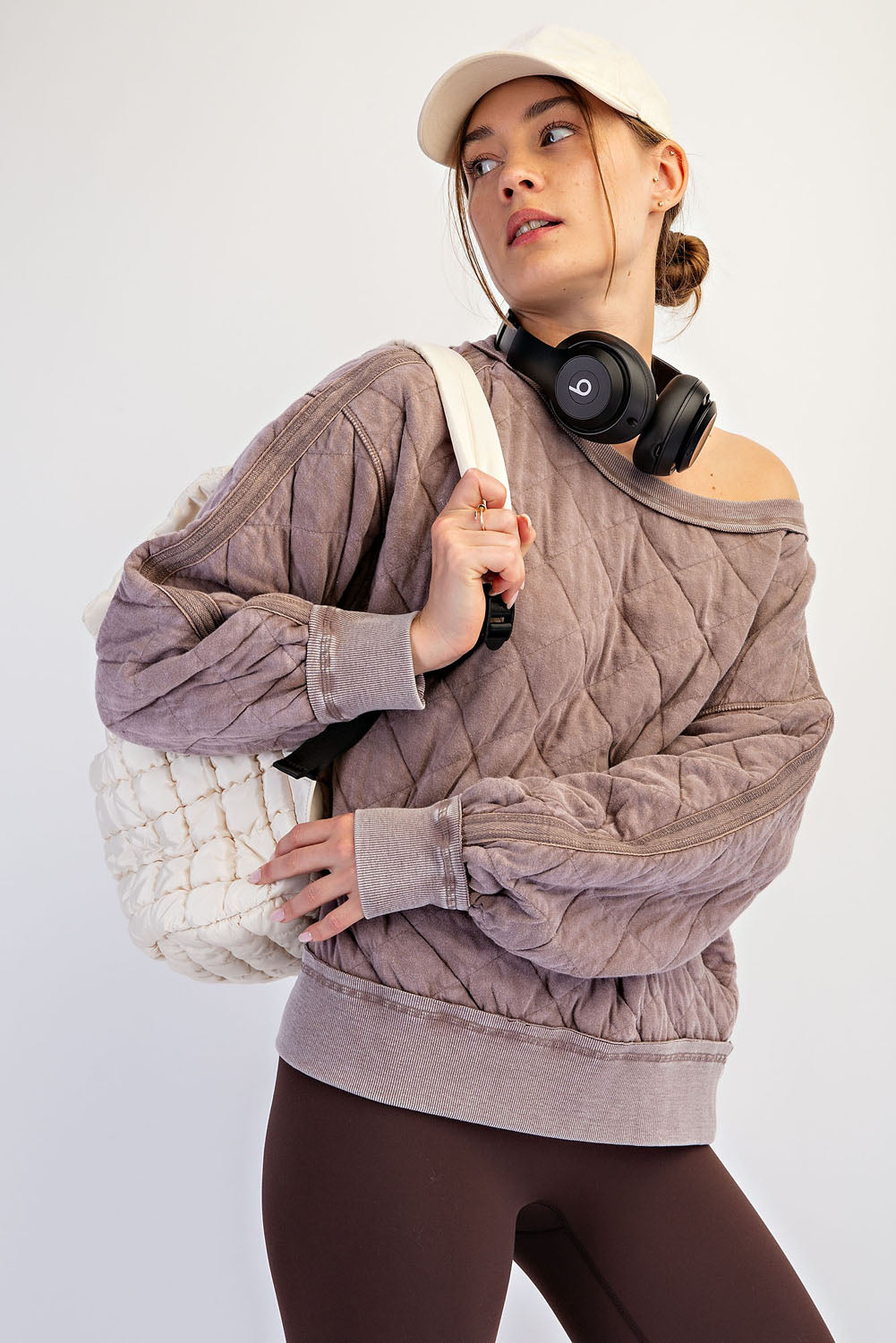 MINERAL WASHED QUILT OFF SHOULDER PULLOVER