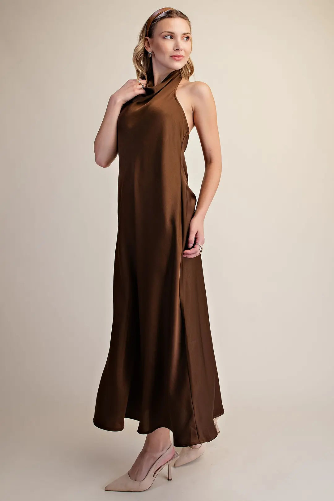 Halter Cowl Neck Open Back Flare Midi Dress