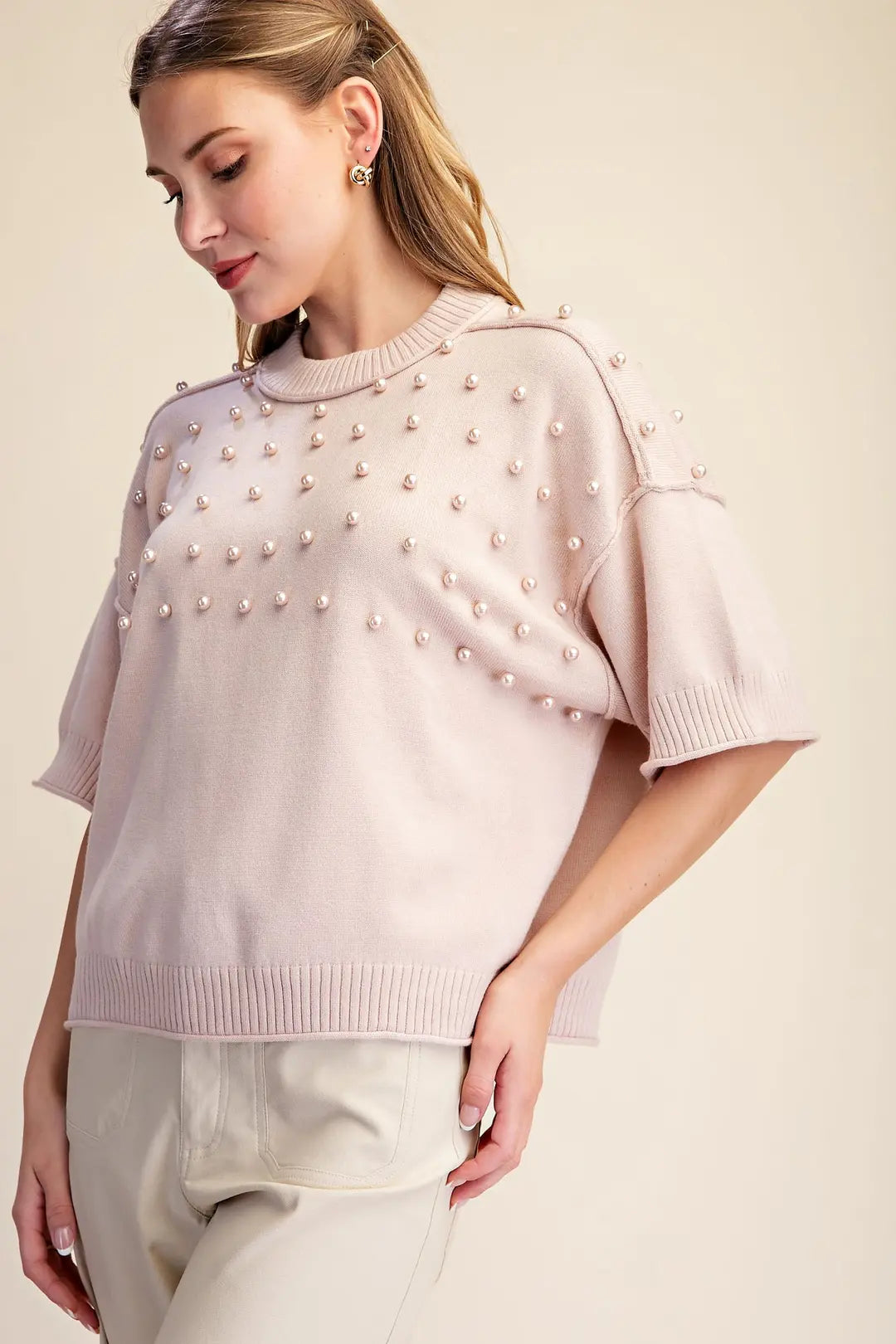 Pearl Sweater With Crew Neck Elbow Length Sleeves