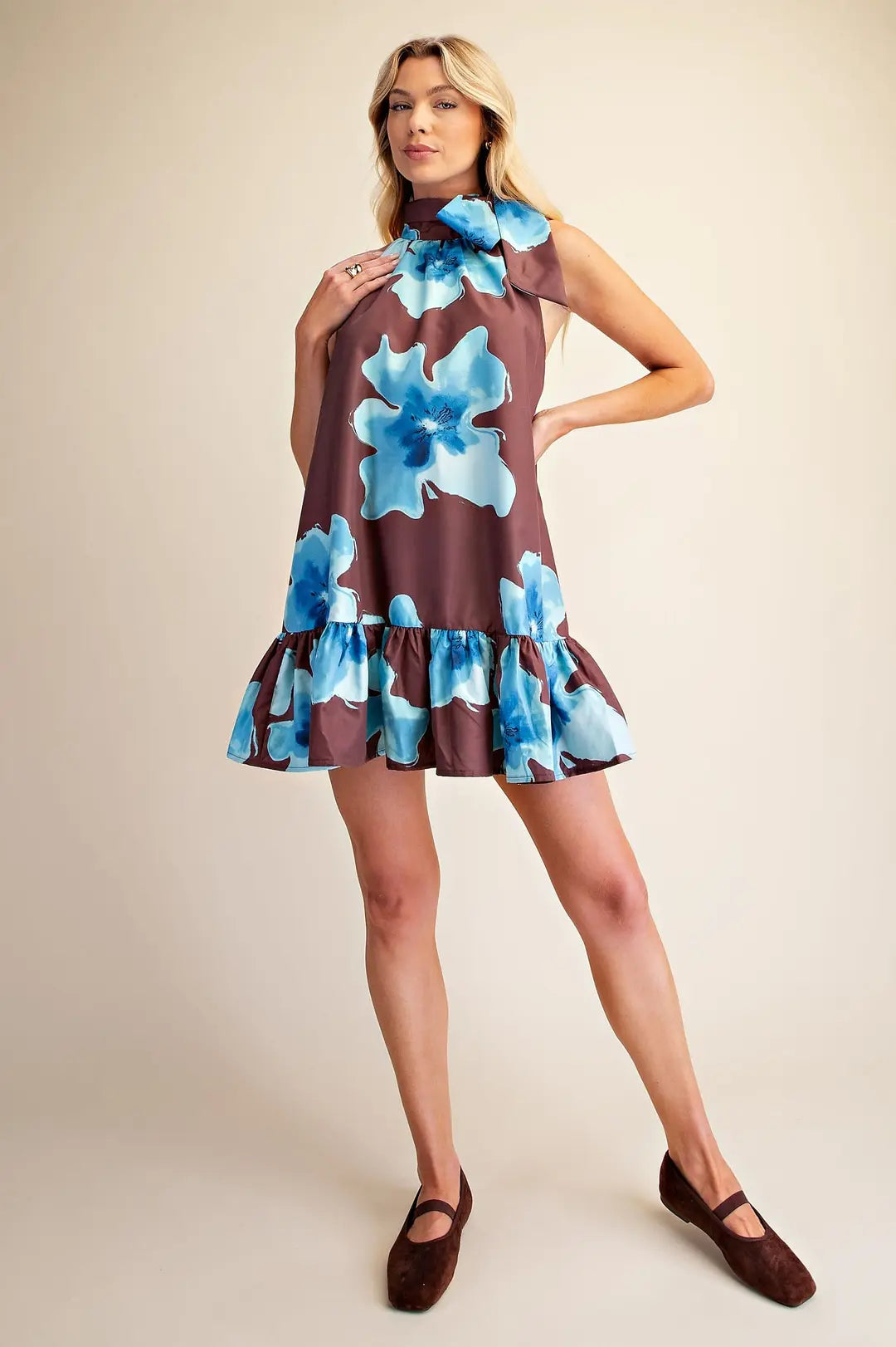 Floral Print Mini Dress Adjustable Tie Neck