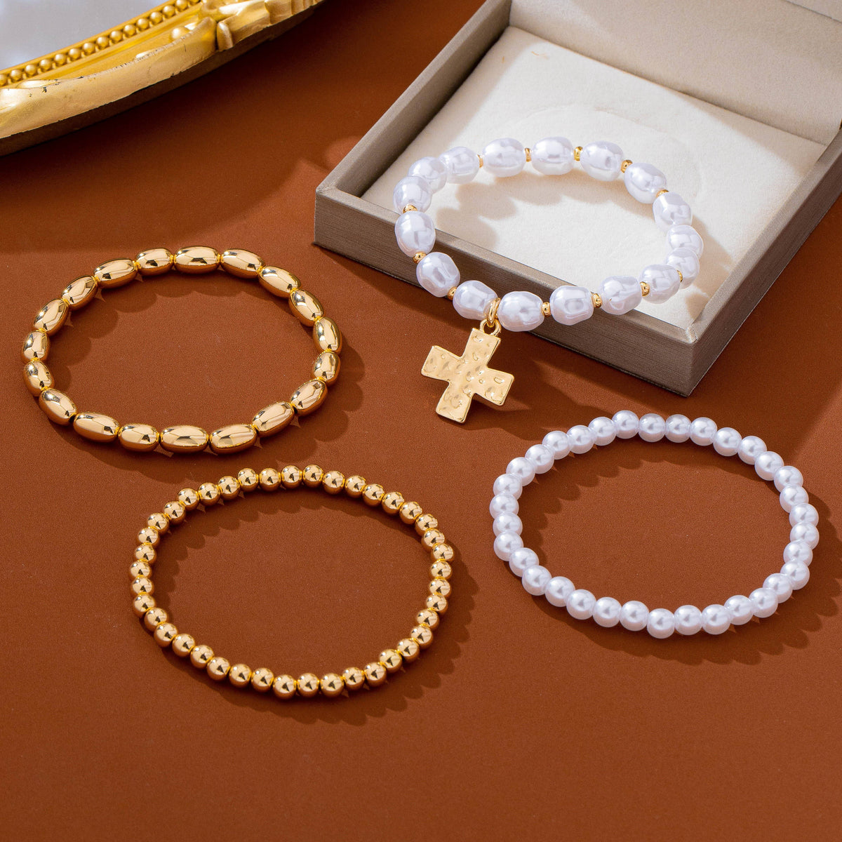 Pearl & Gold-Tone Beaded Cross Bracelet Set