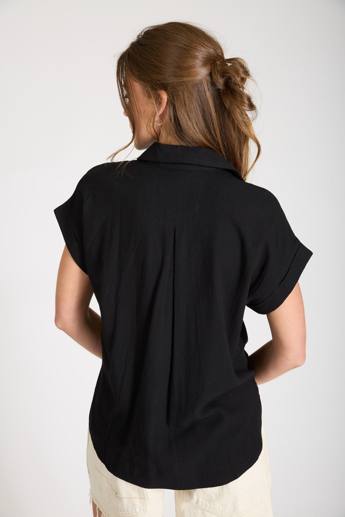 Collared Split Neck Cuff Sleeve U Hem Linen Top