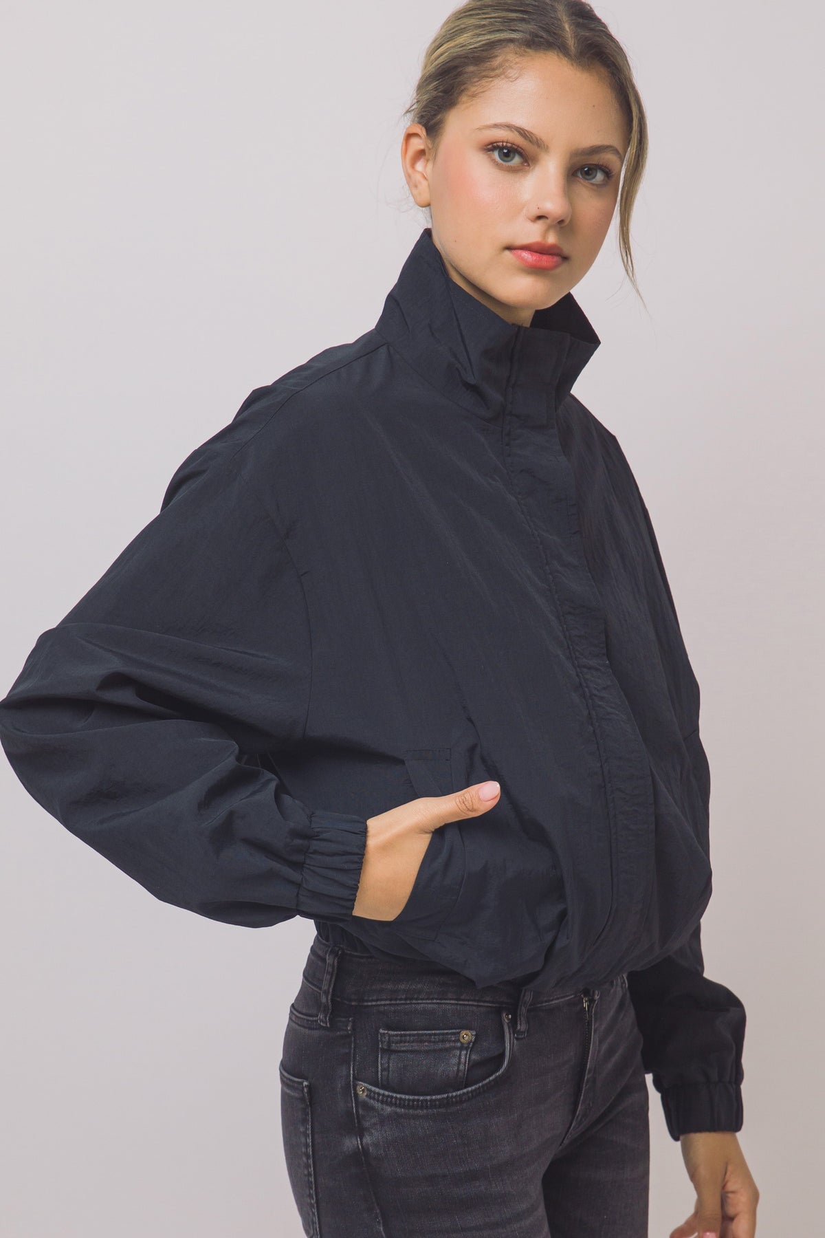 Cropped Nylon Windbreaker Jacket