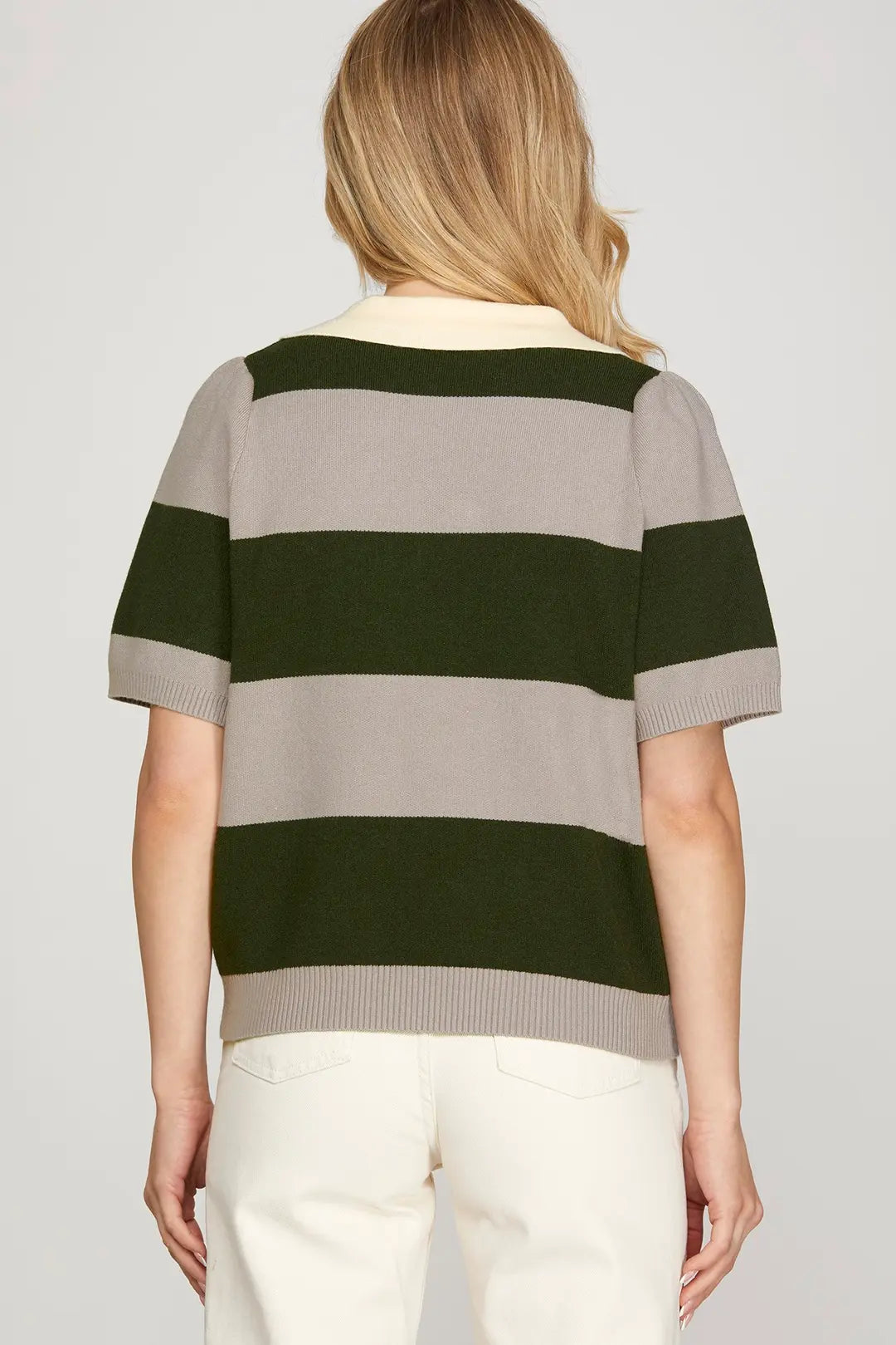 HALF SLEEVE POLO STRIPPED SWEATER TOP