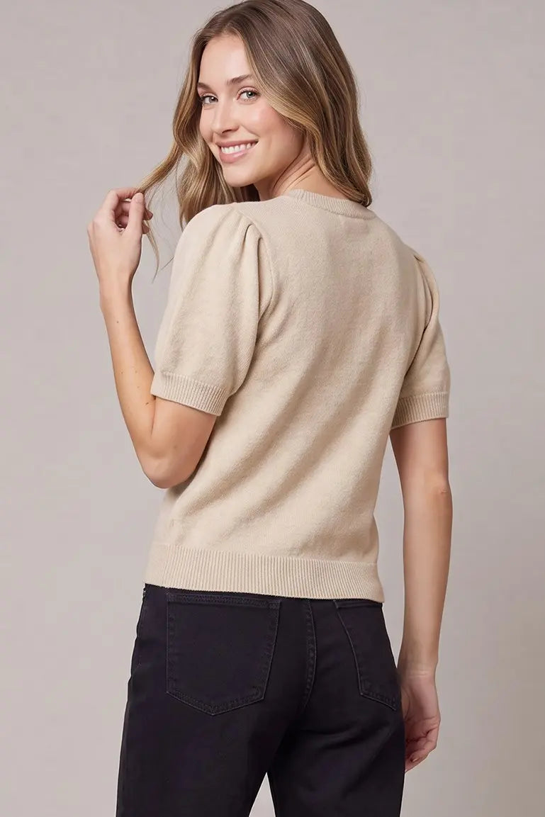 HALF SLEEVE BEADED BOW SWEATER TOP