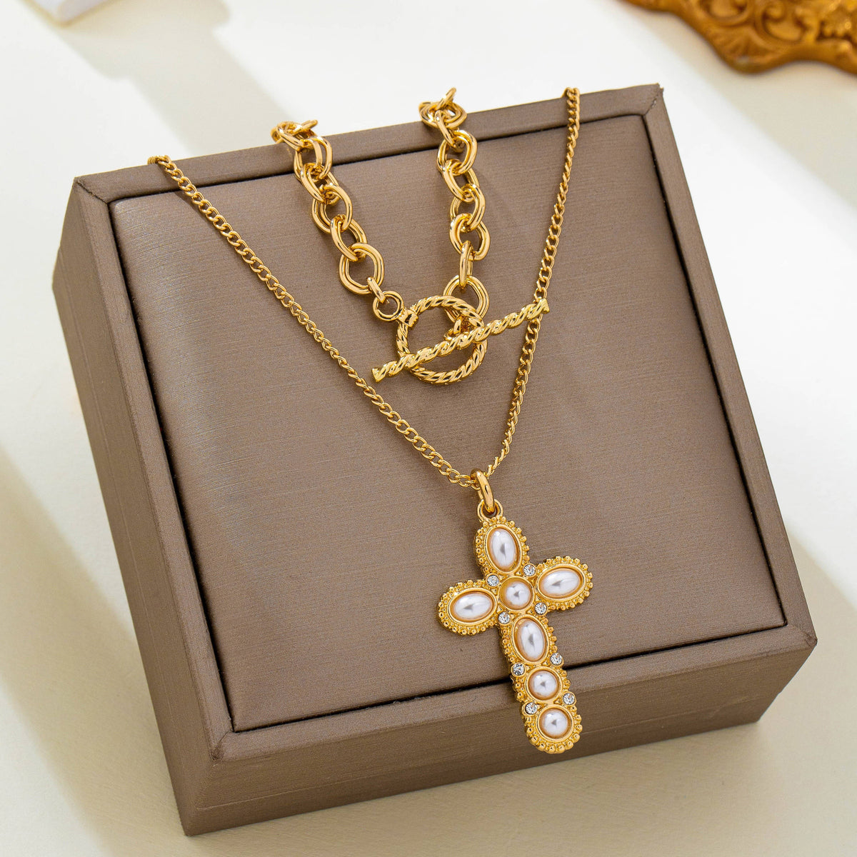 Gold-Tone Chain Pearl Cross Layered Necklace Set