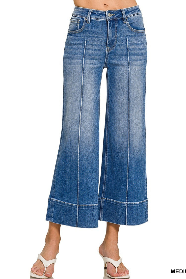 wide leg cropped pintuck denim pants