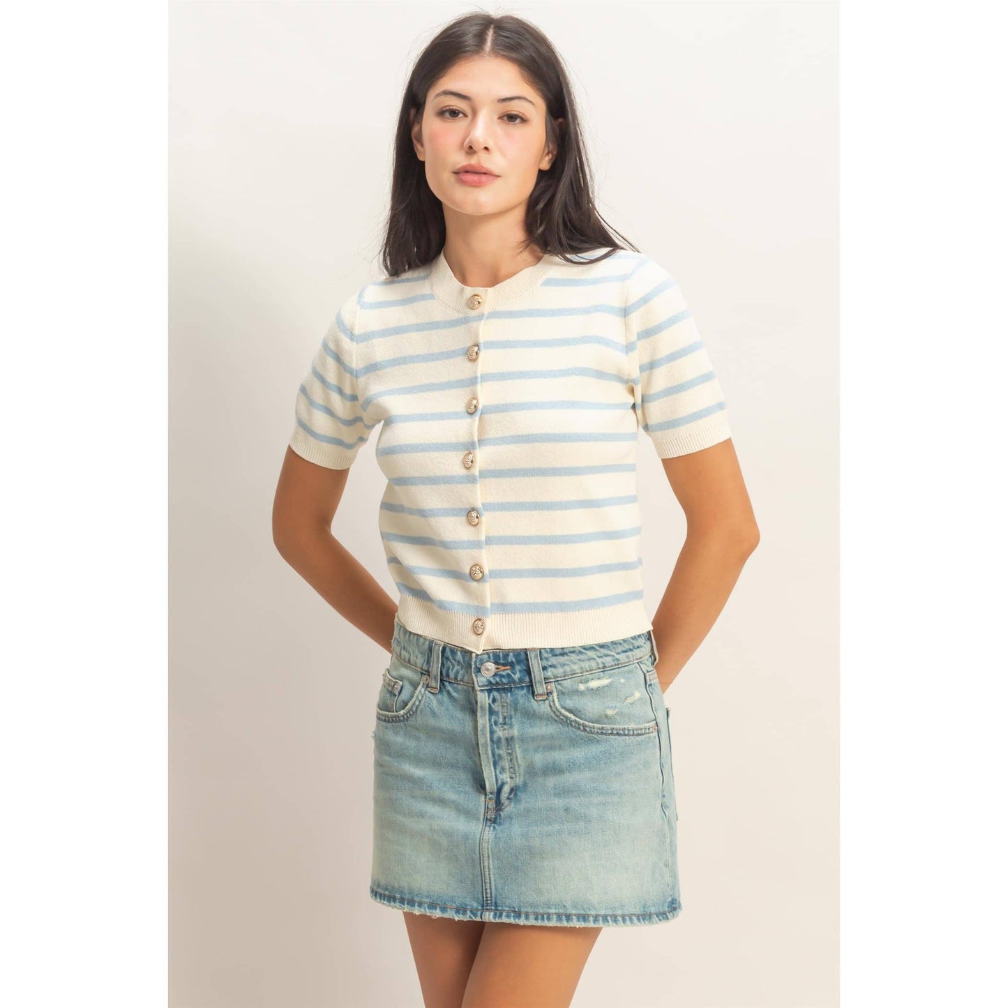 Striped Short Sleeve Button Up Cardigan
