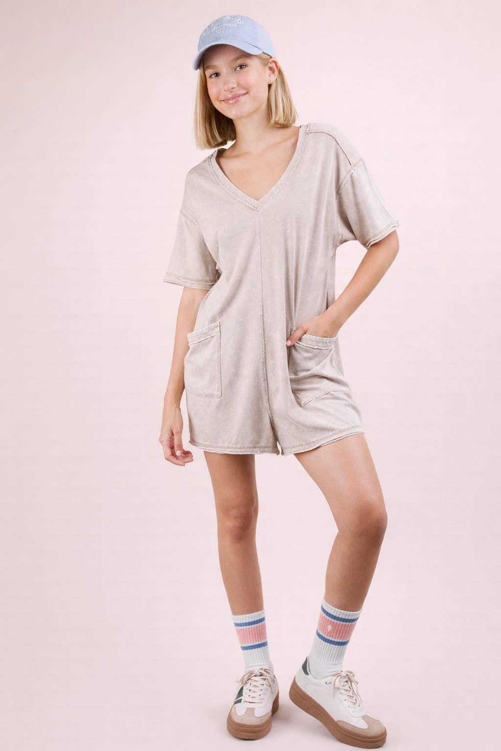 Mineral Washed Oversized Casual Knit Romper