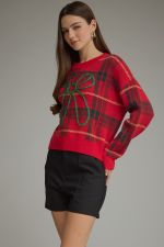 Plaid long sleeve sweater top with bow