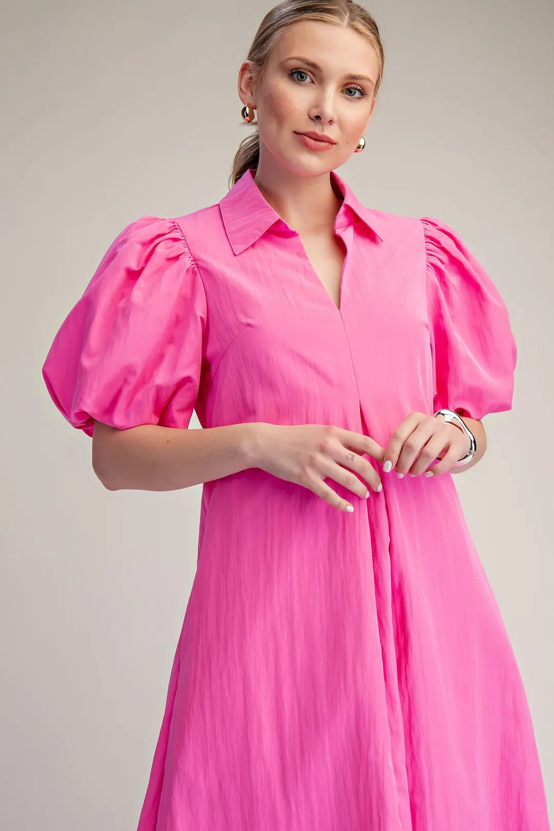 Collar V-Neck Puff Sleeve Pleated Midi Dress