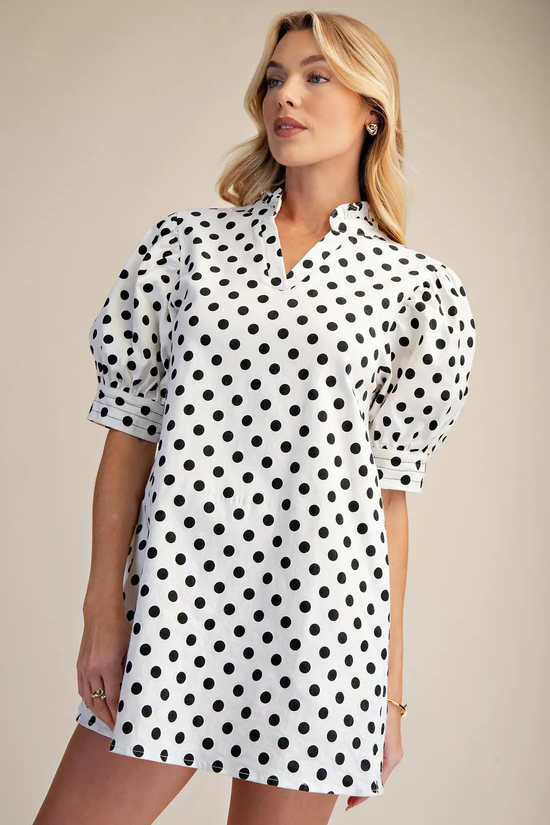 Ruffle V-Neck Puff Sleeve Polka Dot Mini Dress