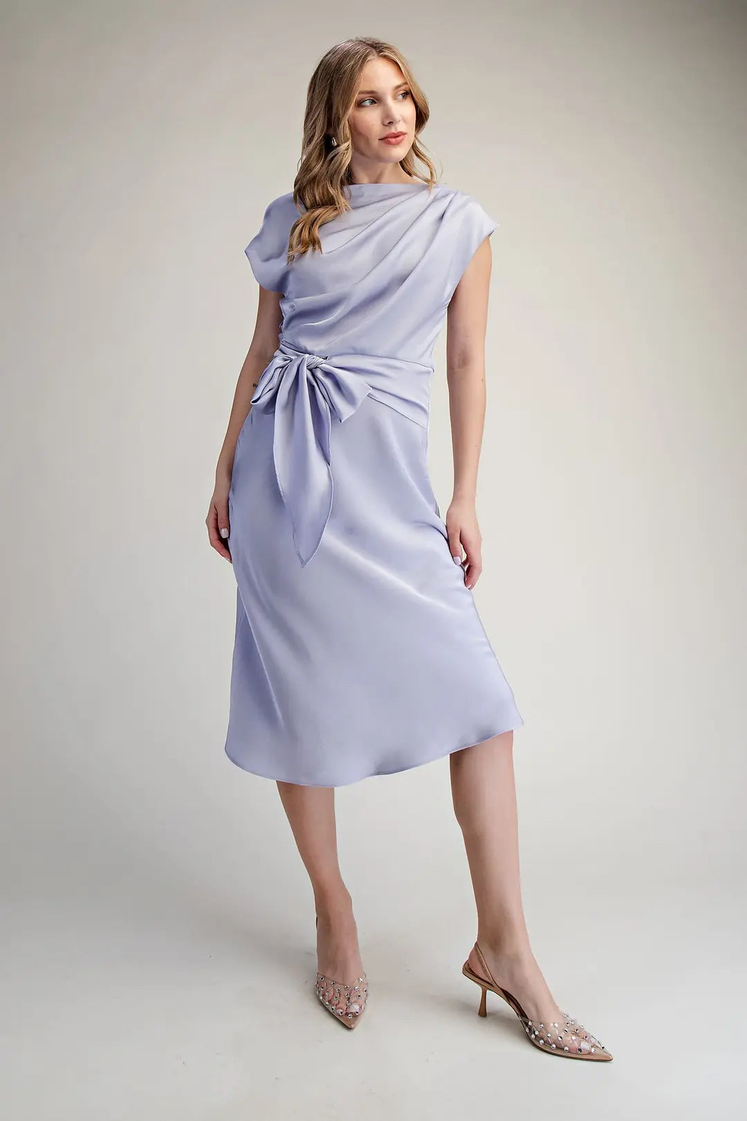 Asymmetrical Neck Waist Tie Midi Dress