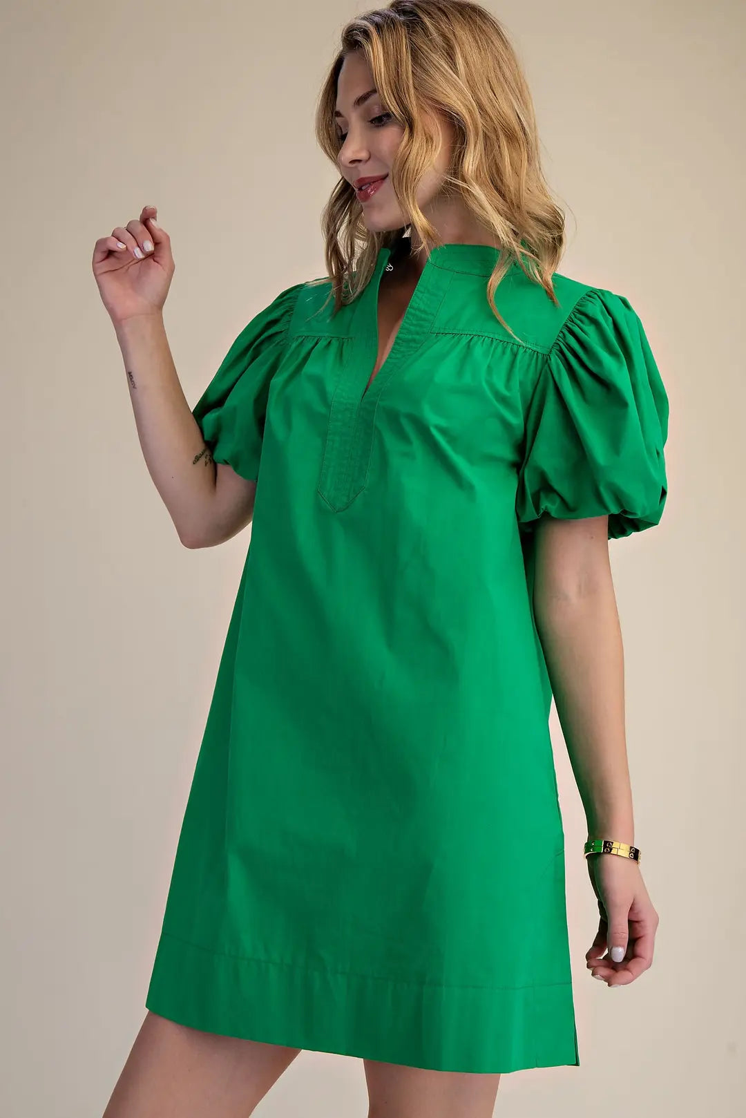V-Neck Bubble Sleeve Mini Dress