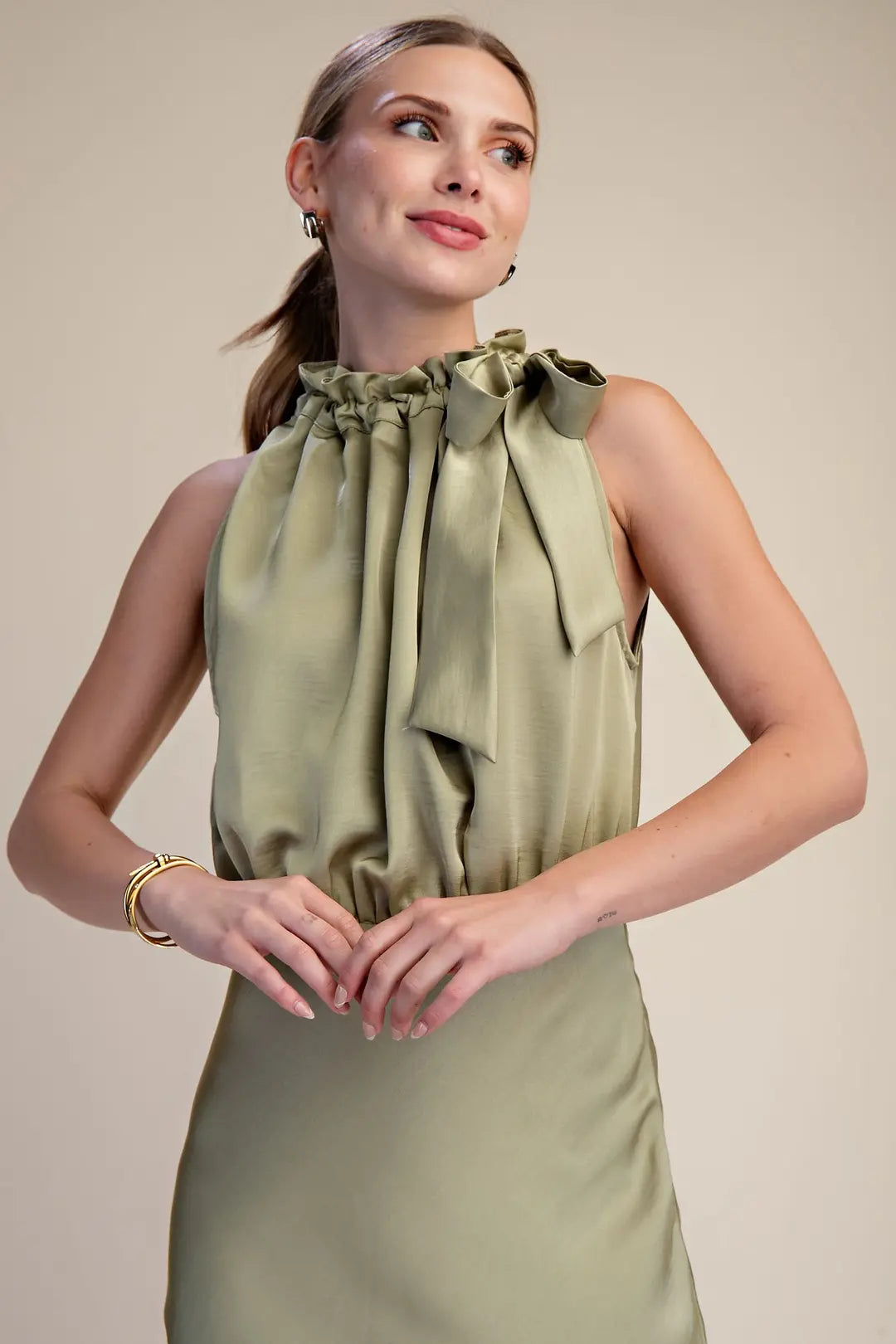 Sleeveless Midi Dress With Ruffle Tie Neck