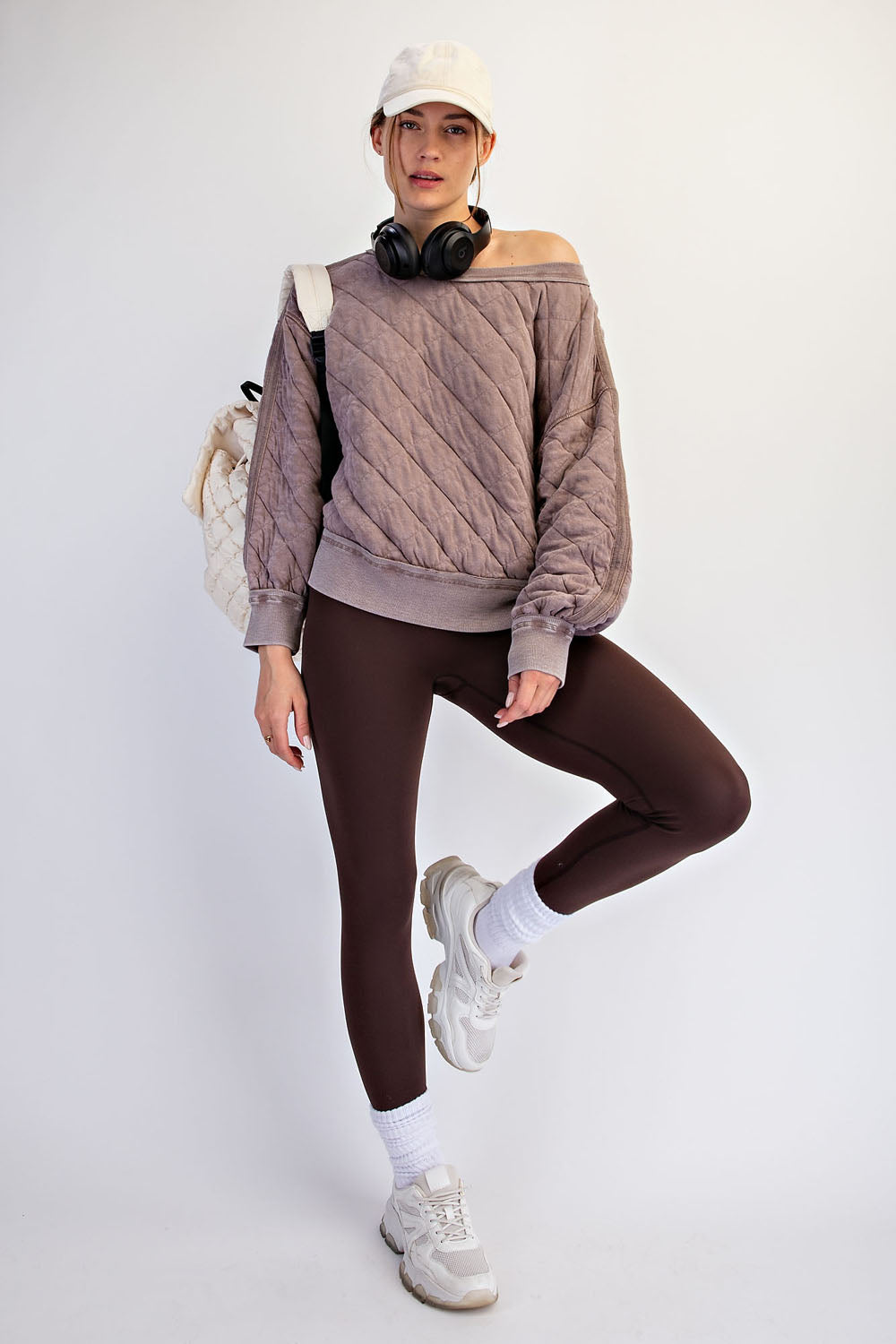 MINERAL WASHED QUILT OFF SHOULDER PULLOVER