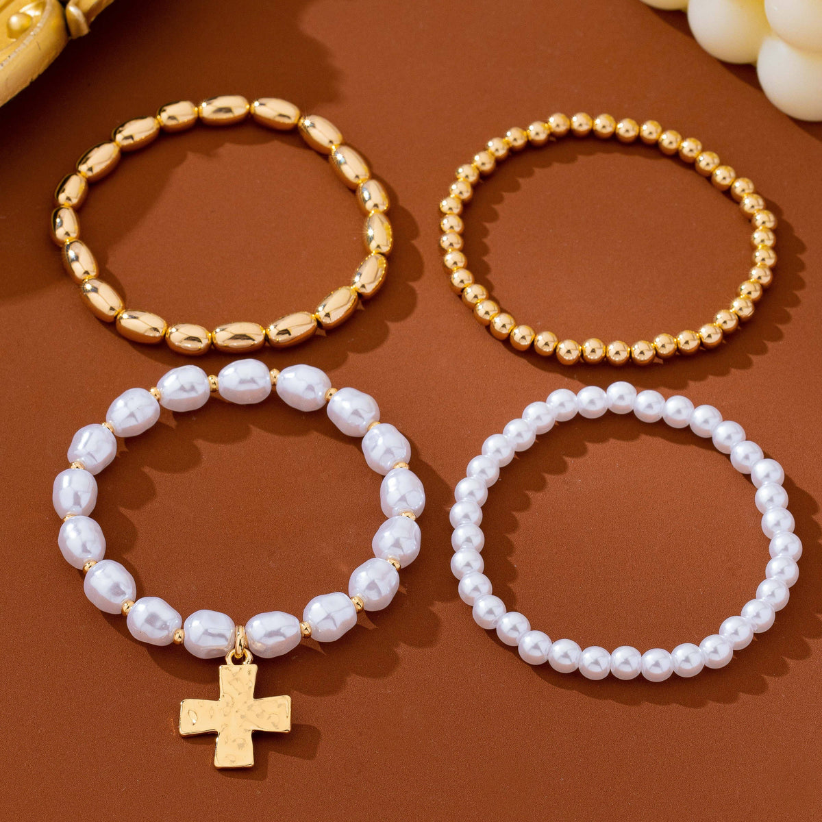 Pearl & Gold-Tone Beaded Cross Bracelet Set