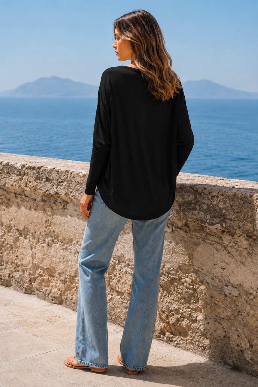 Drop Shoulder Round Hem Long Sleeve Top