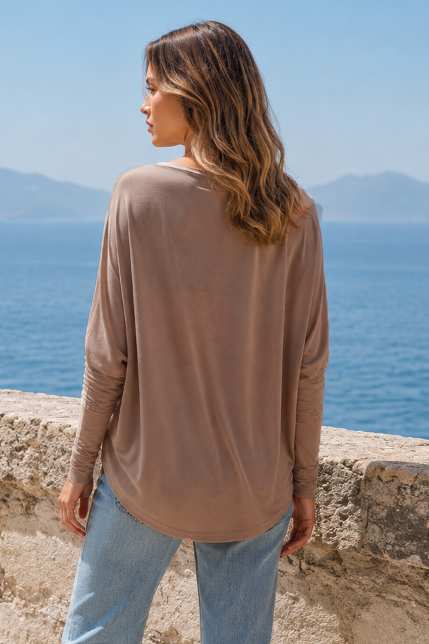 Drop Shoulder Round Hem Long Sleeve Top