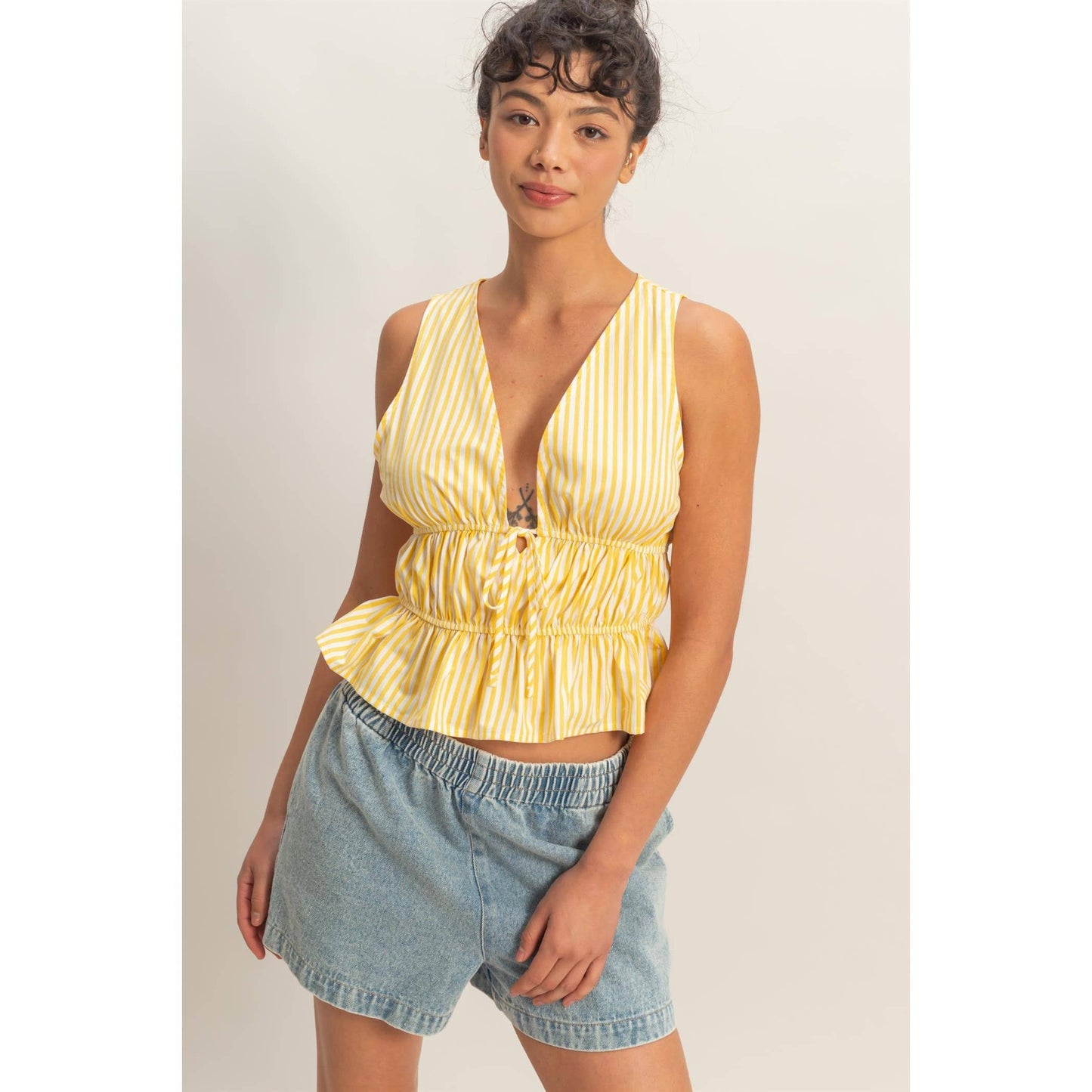 Striped Tie Front Peplum Sleeveless Top
