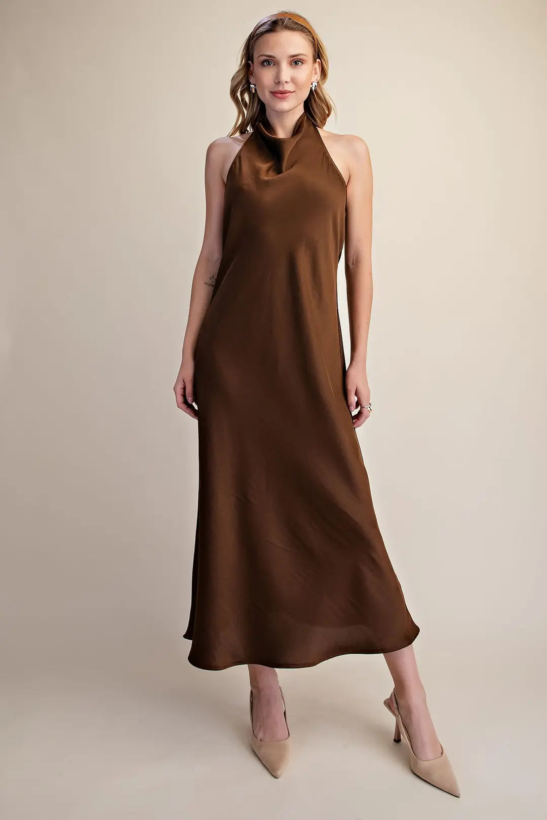 Halter Cowl Neck Open Back Flare Midi Dress