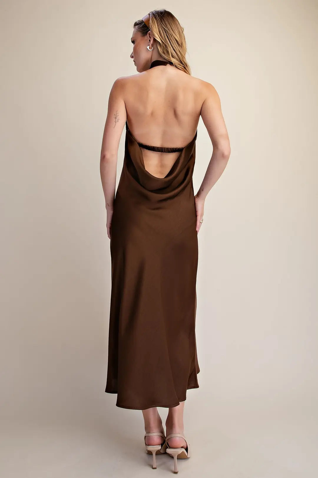 Halter Cowl Neck Open Back Flare Midi Dress