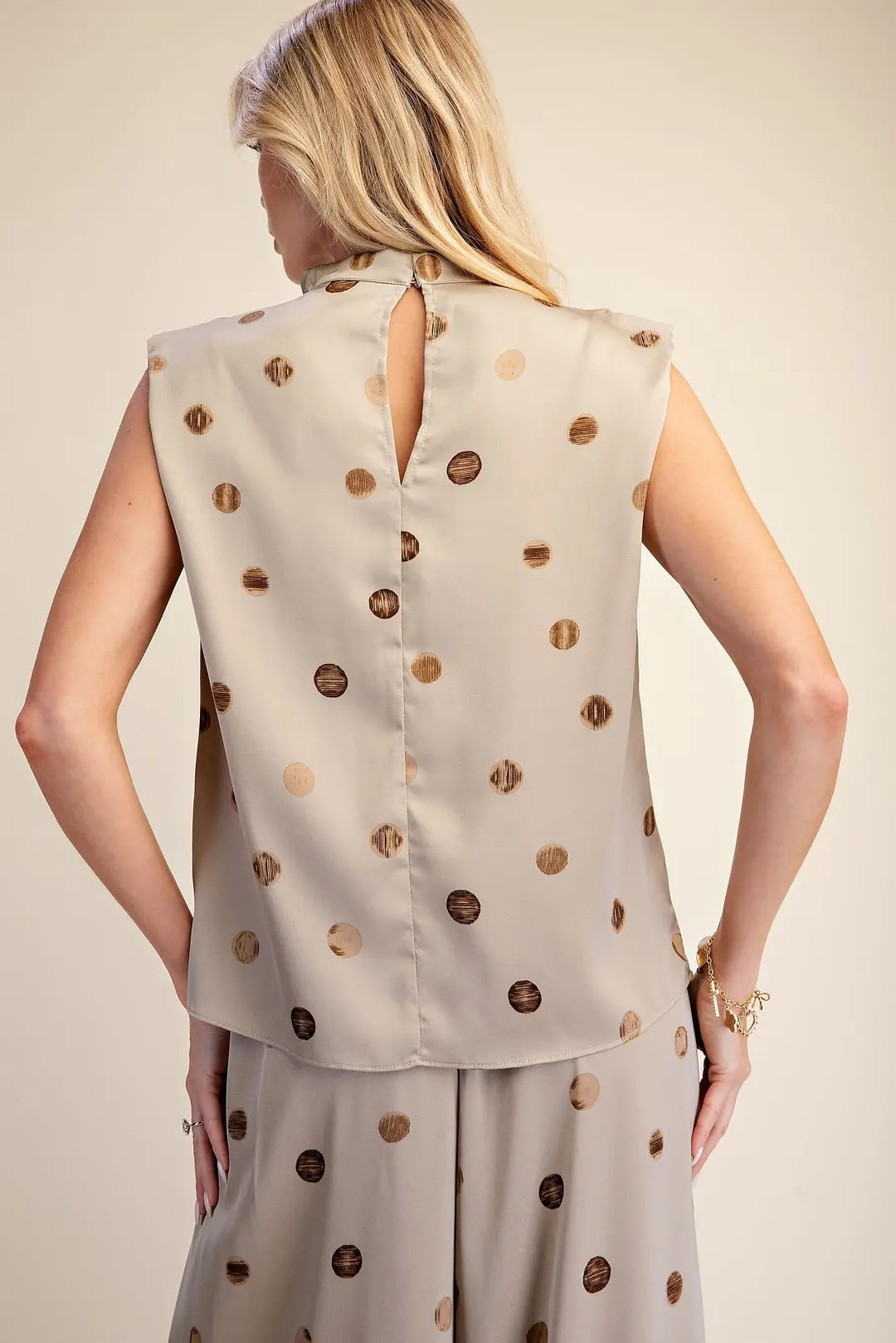 Cowl Mock Neck Pleats Shoulder Sleeveless Top Polka Dot