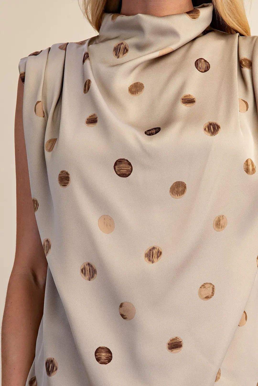 Cowl Mock Neck Pleats Shoulder Sleeveless Top Polka Dot