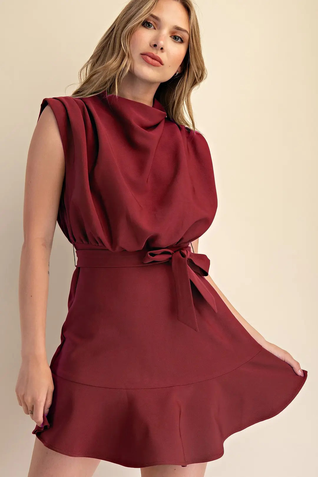 Cowl Neck Sleeveless Waist Tie Mini Dress