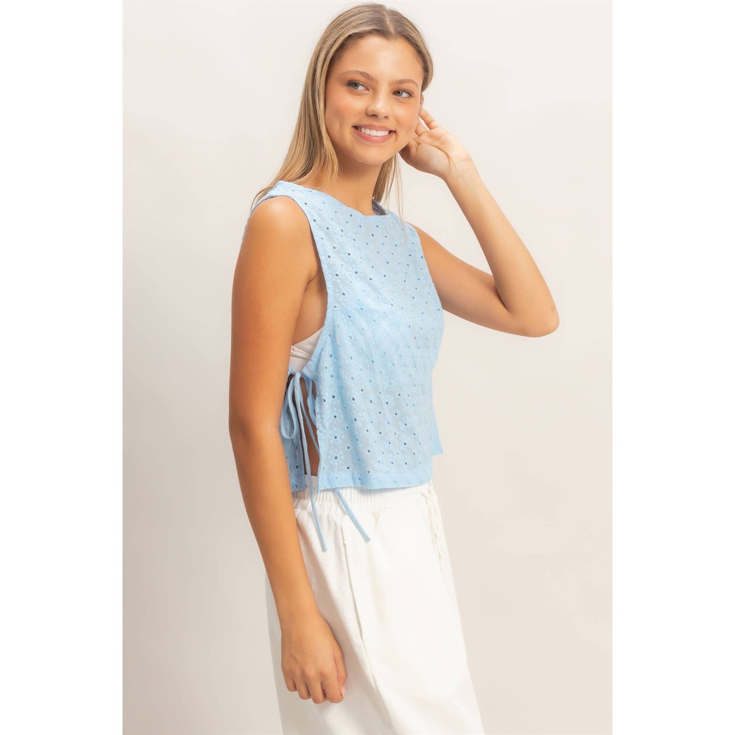 Sleeveless Textured Eyelet Top With Side Straps