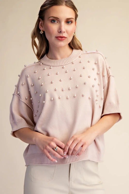 Pearl Sweater With Crew Neck Elbow Length Sleeves