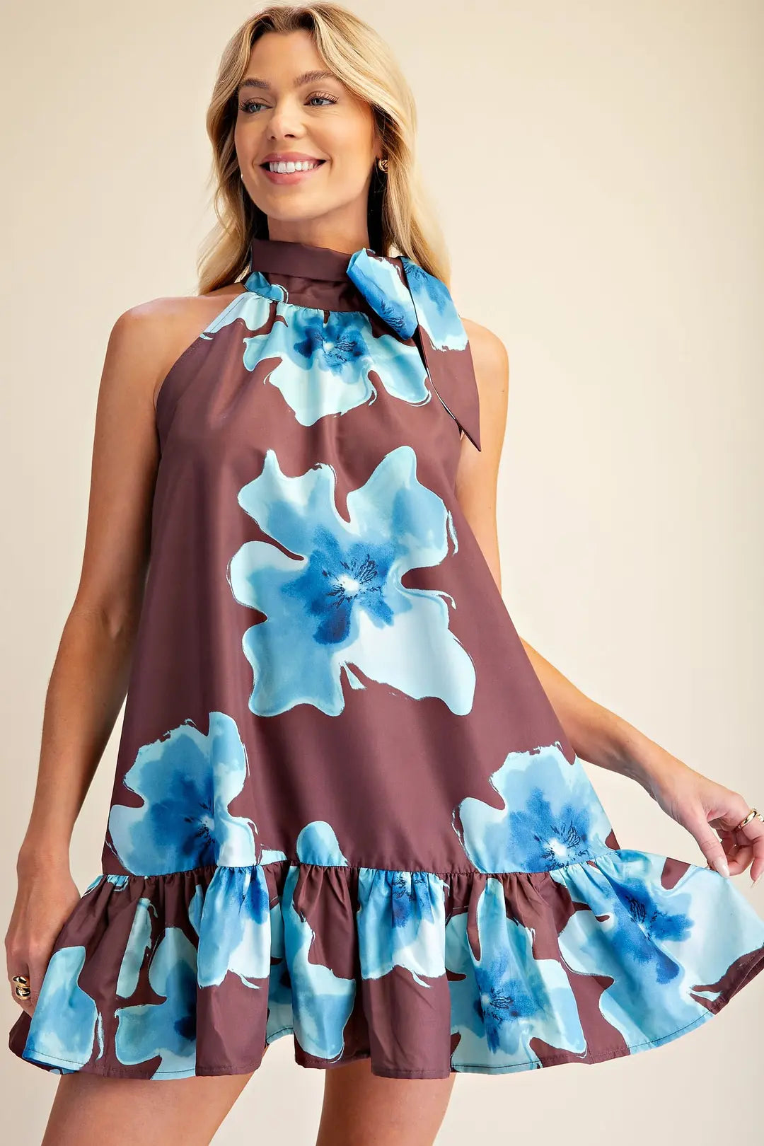 Floral Print Mini Dress Adjustable Tie Neck