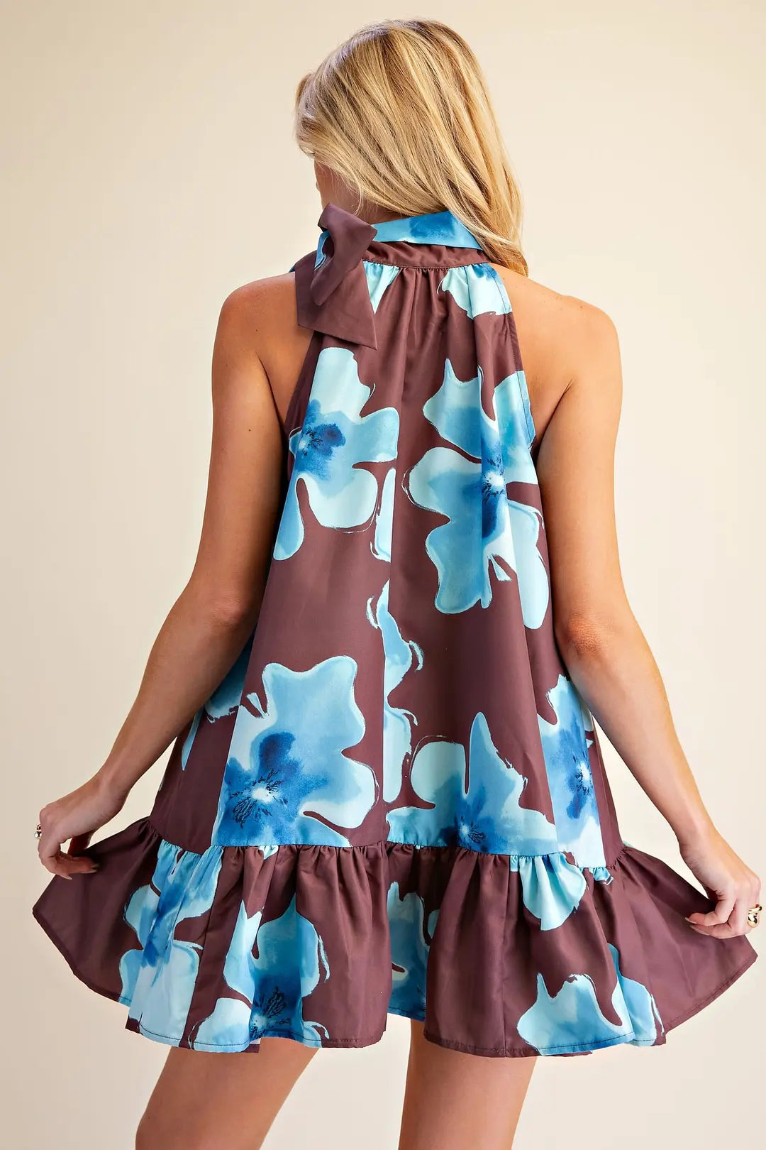 Floral Print Mini Dress Adjustable Tie Neck