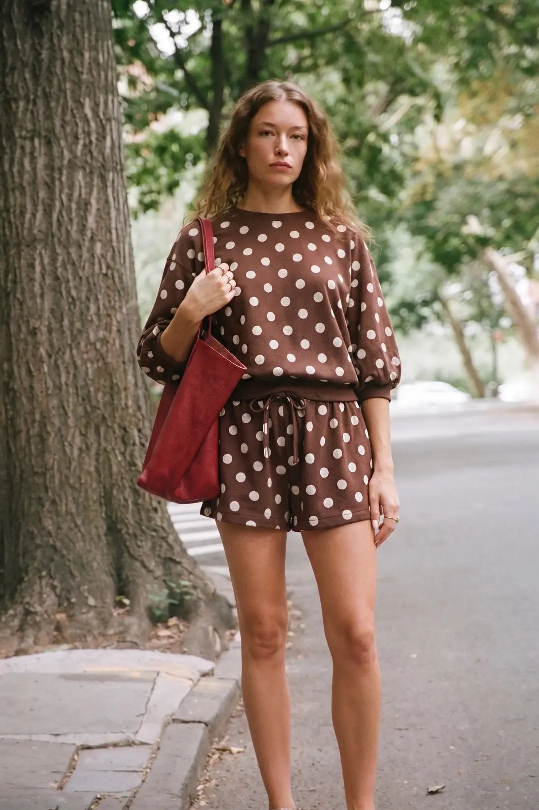Round Neck Bubble Sleeve Polka Dot Sweatshirt