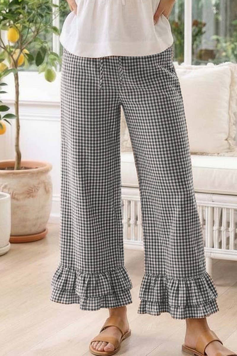 Gingham Casual Ruffled Hem Pants