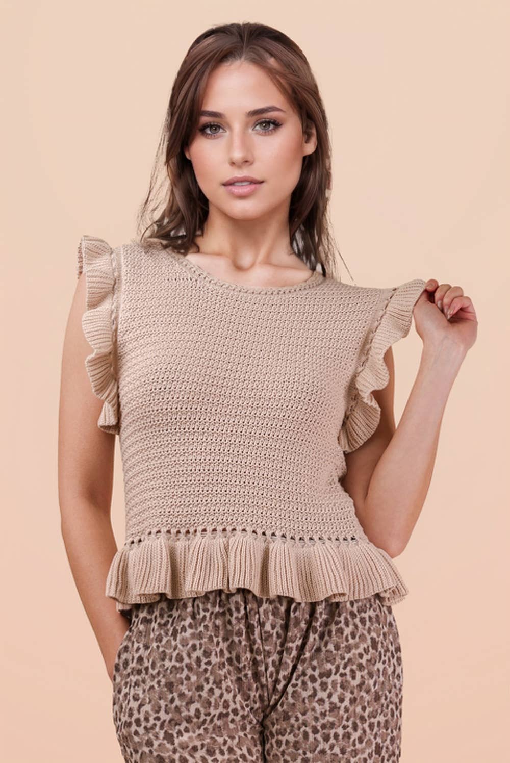12W3640N-Ruffled Sweater Knit Top