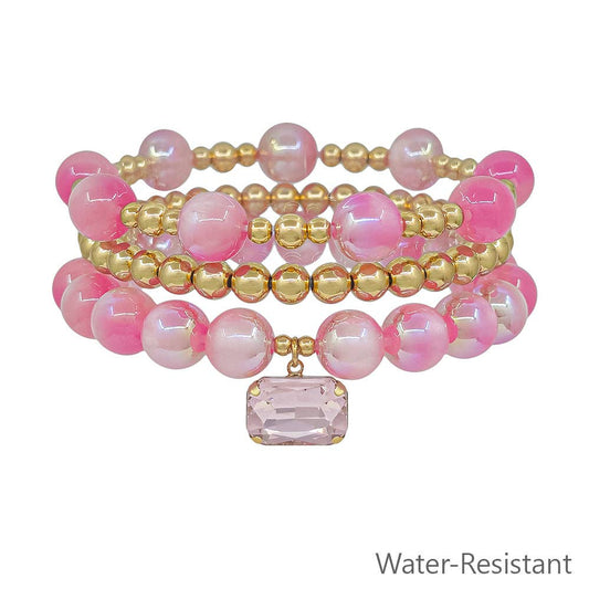 Pink Beaded and Gold Square Crystal Charm Stretch Bracelets