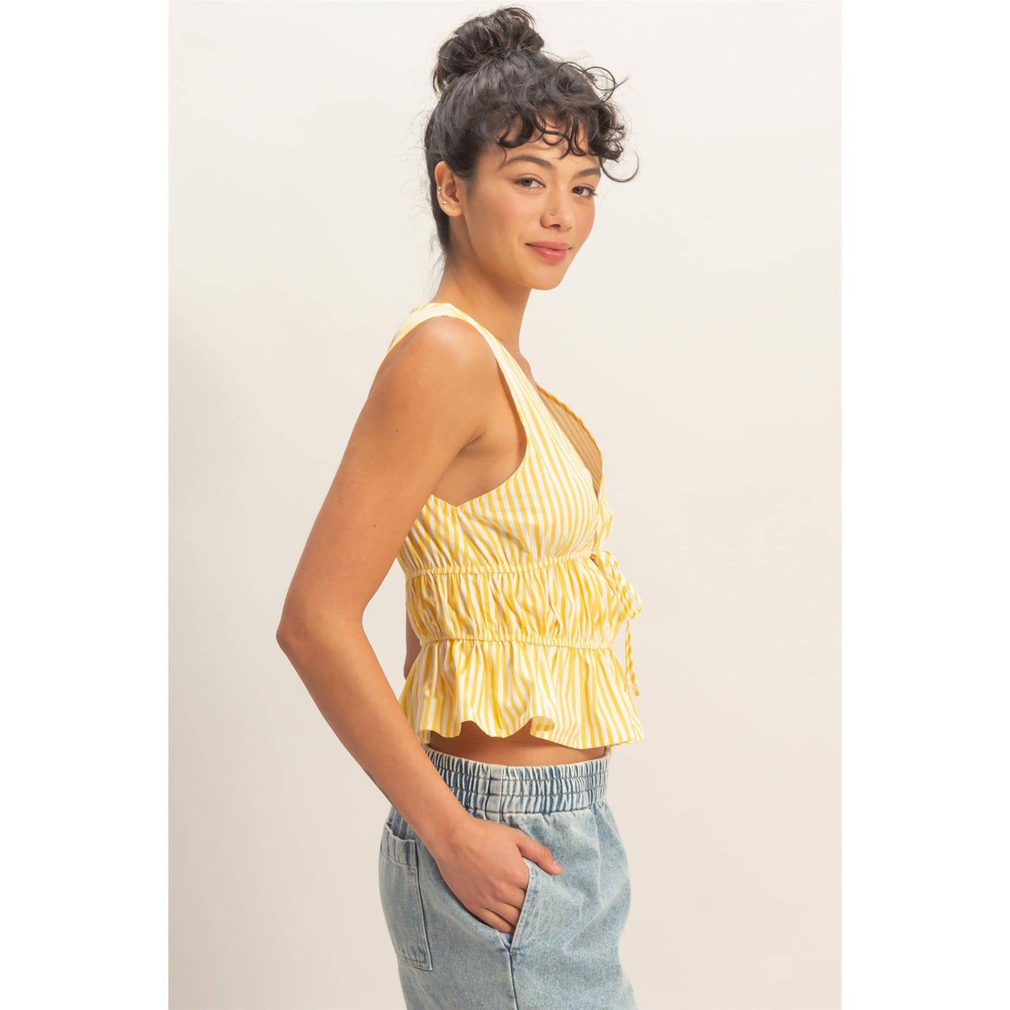 Striped Tie Front Peplum Sleeveless Top