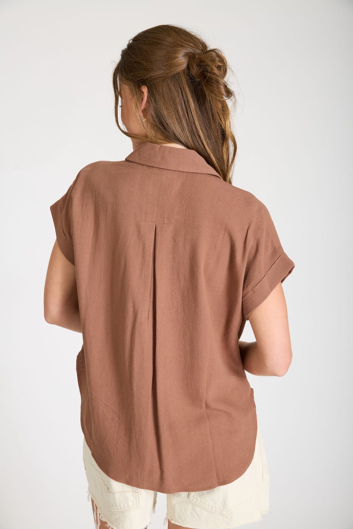 Collared Split Neck Cuff Sleeve U Hem Linen Top
