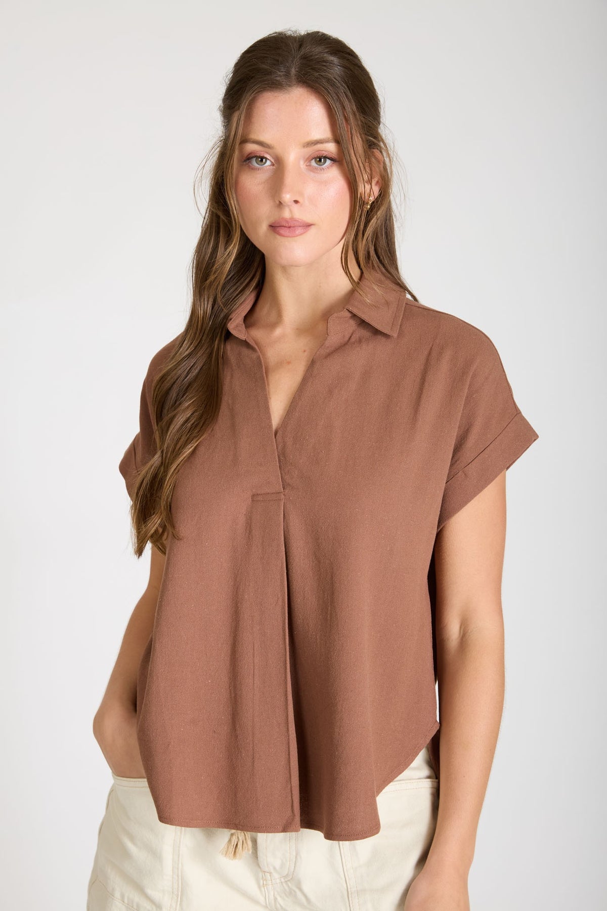 Collared Split Neck Cuff Sleeve U Hem Linen Top