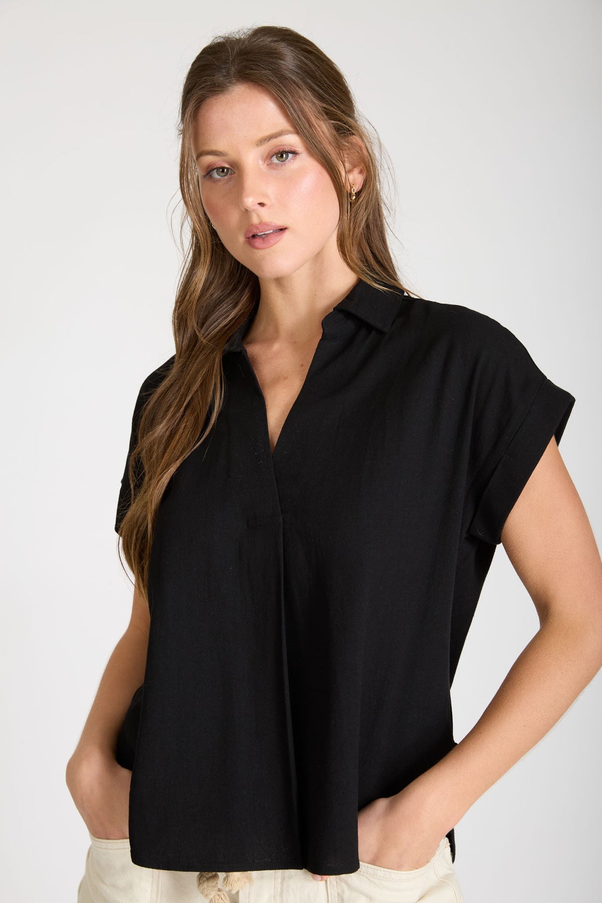 Collared Split Neck Cuff Sleeve U Hem Linen Top