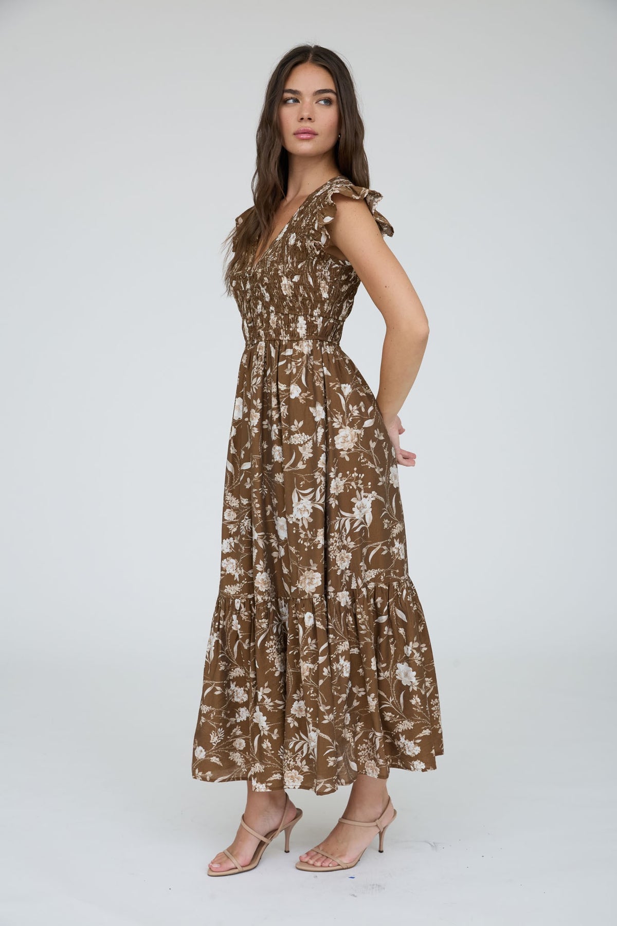 Floral Smocked V Neck Button Down Midi Dress