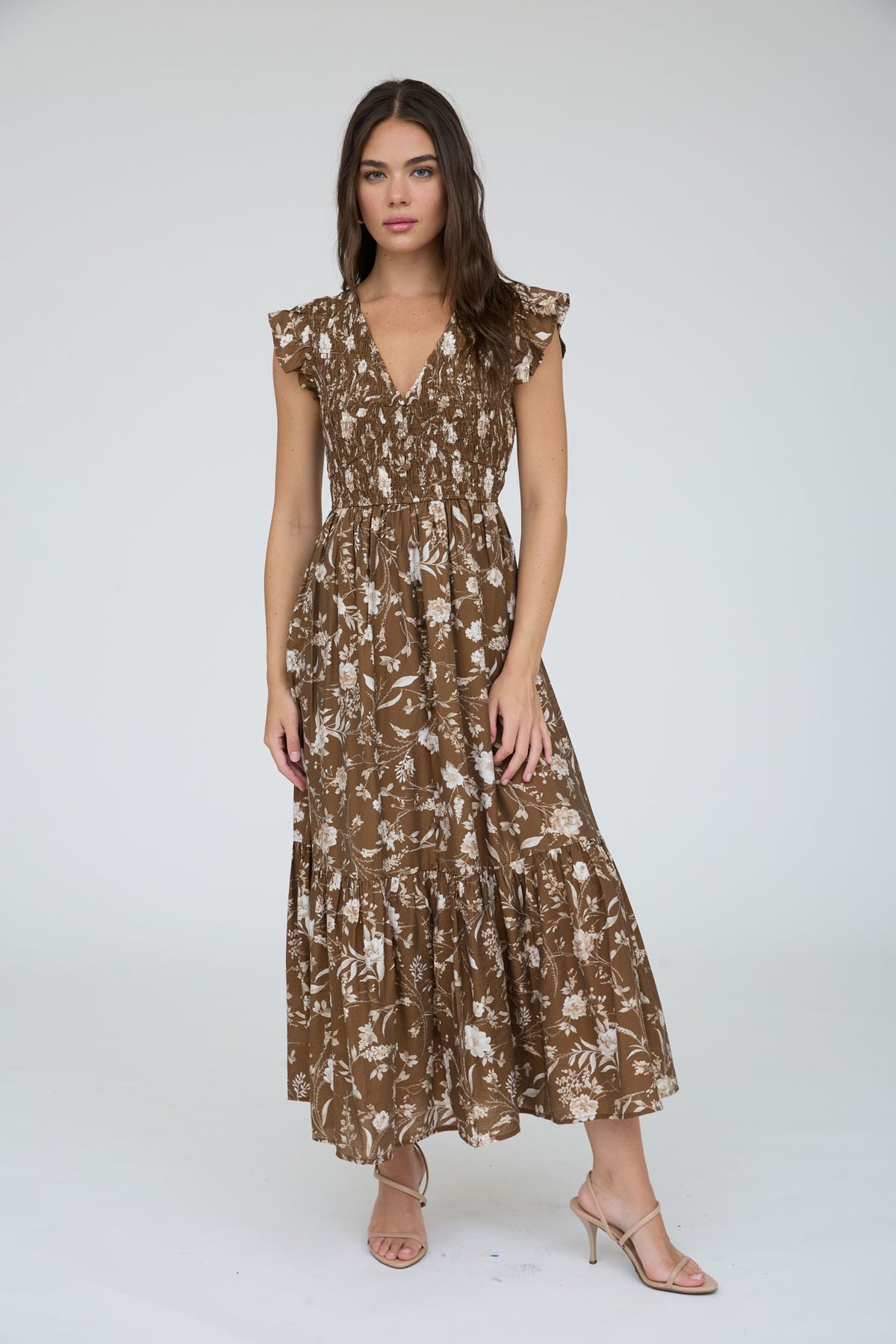 Floral Smocked V Neck Button Down Midi Dress