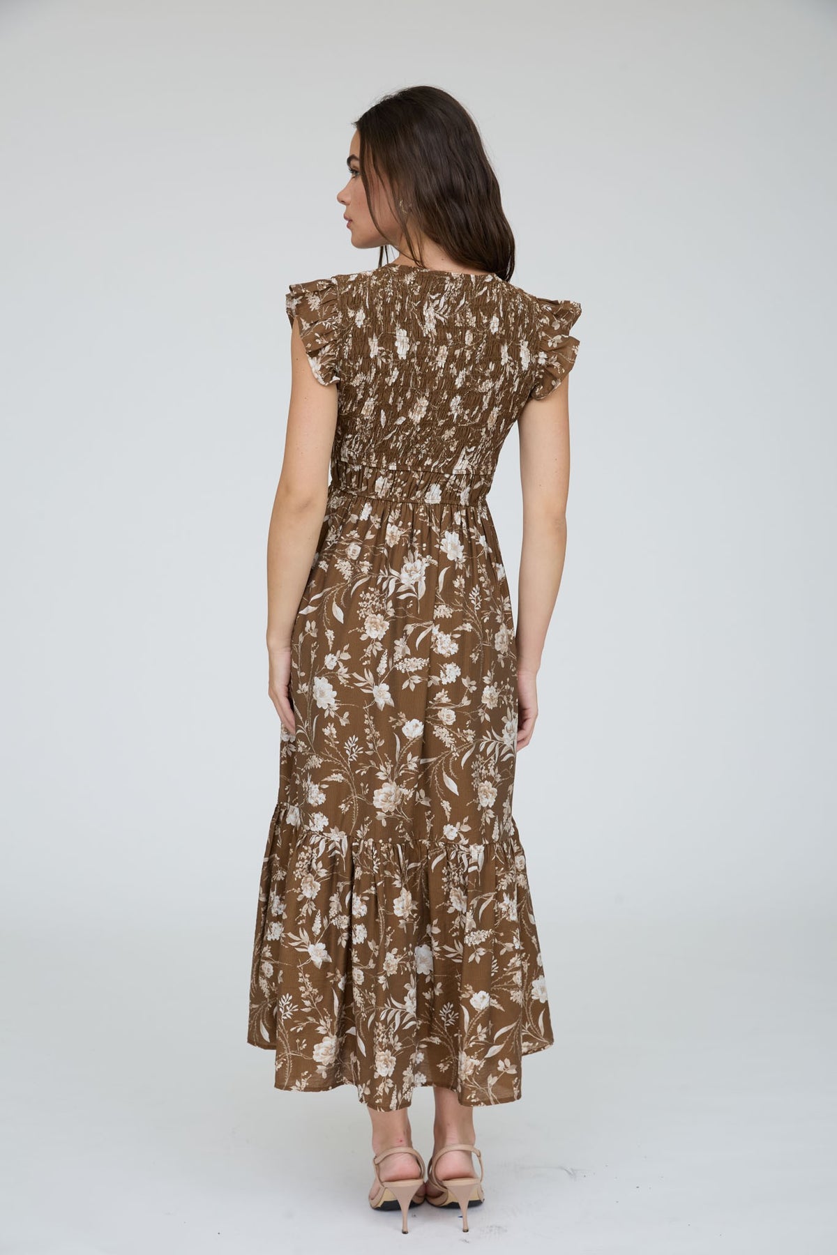 Floral Smocked V Neck Button Down Midi Dress