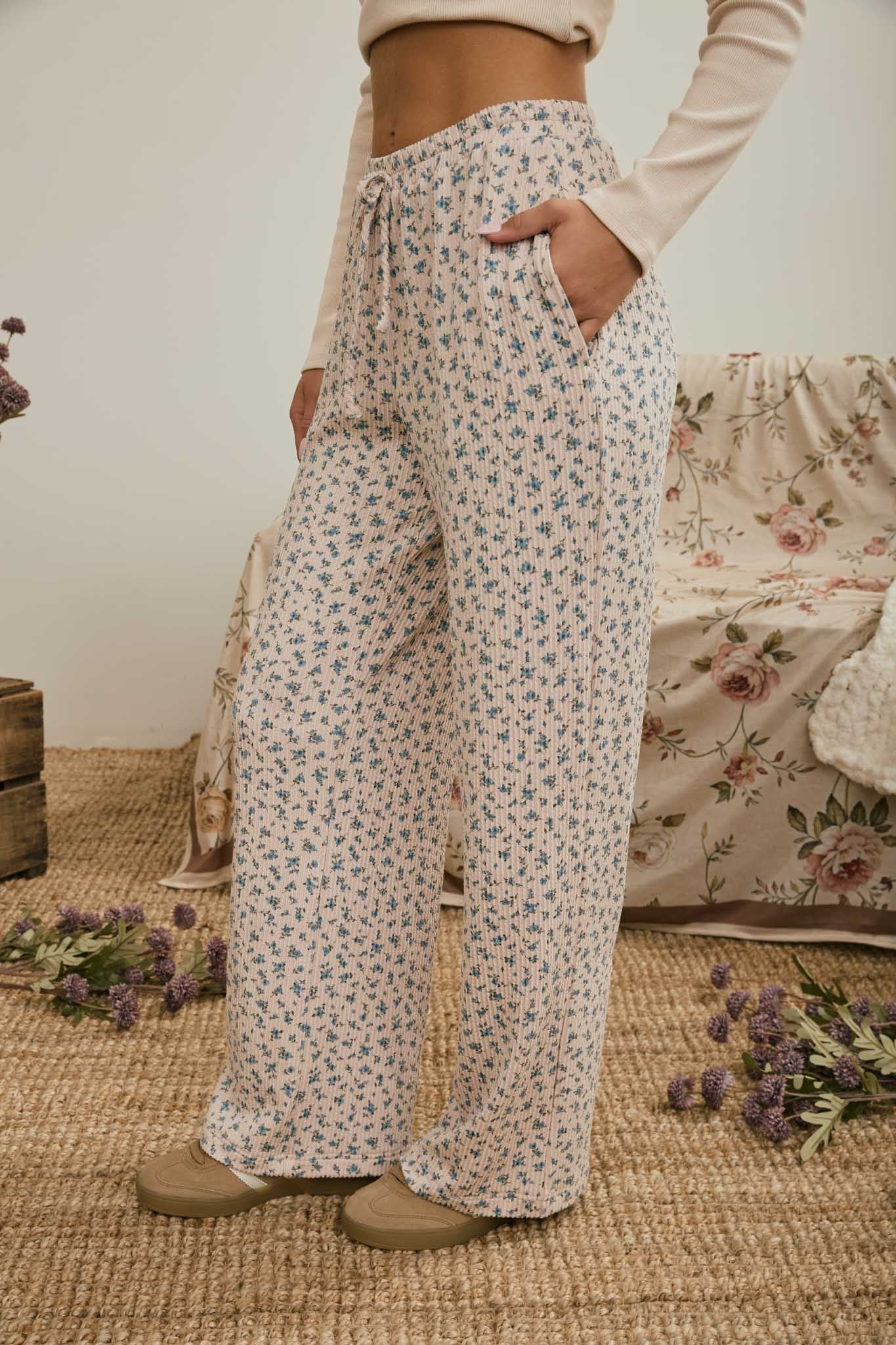 Ditsy Floral Rib Knit Wide Leg Lounge Pants
