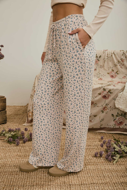 Ditsy Floral Rib Knit Wide Leg Lounge Pants