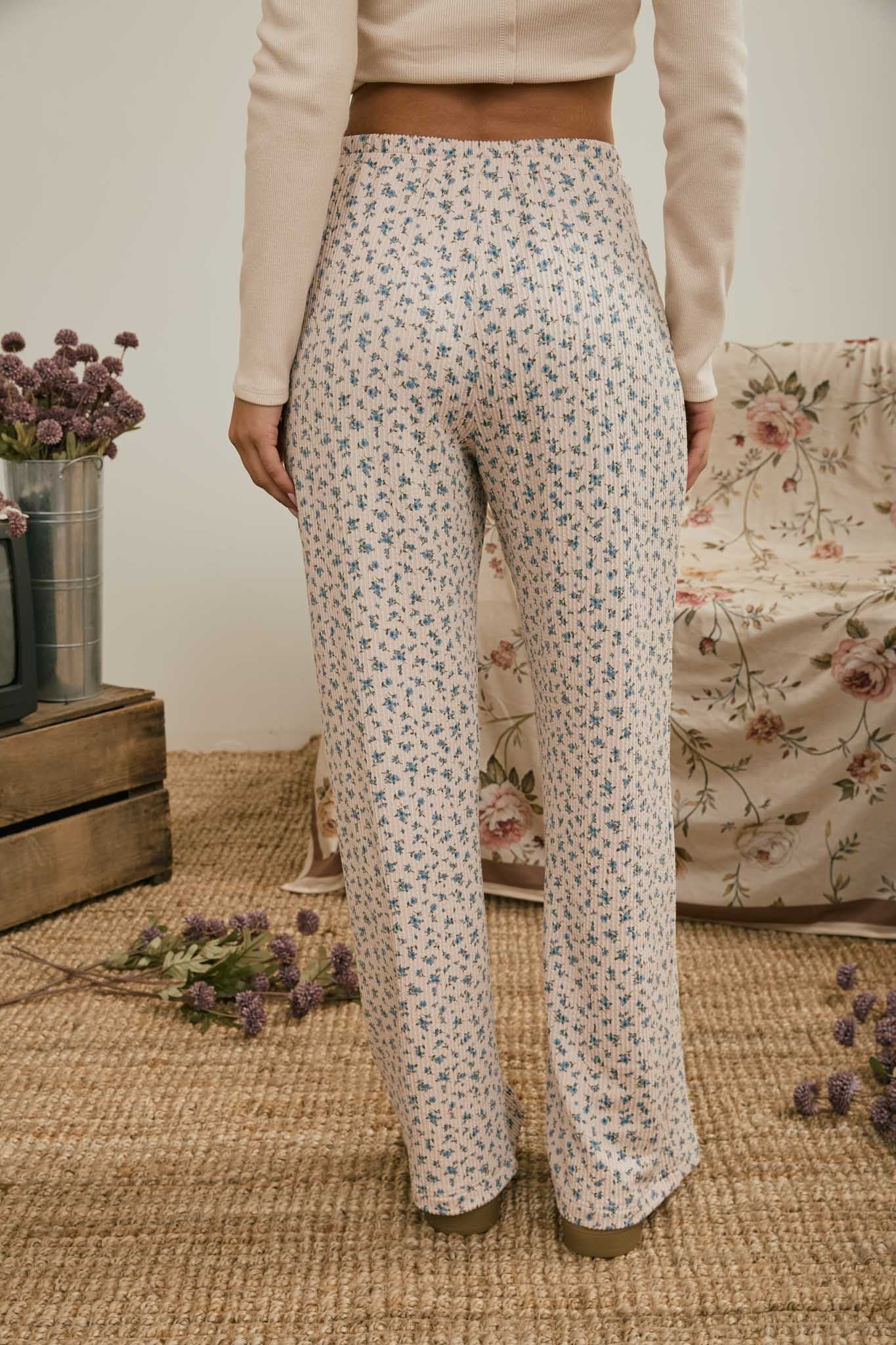 Ditsy Floral Rib Knit Wide Leg Lounge Pants