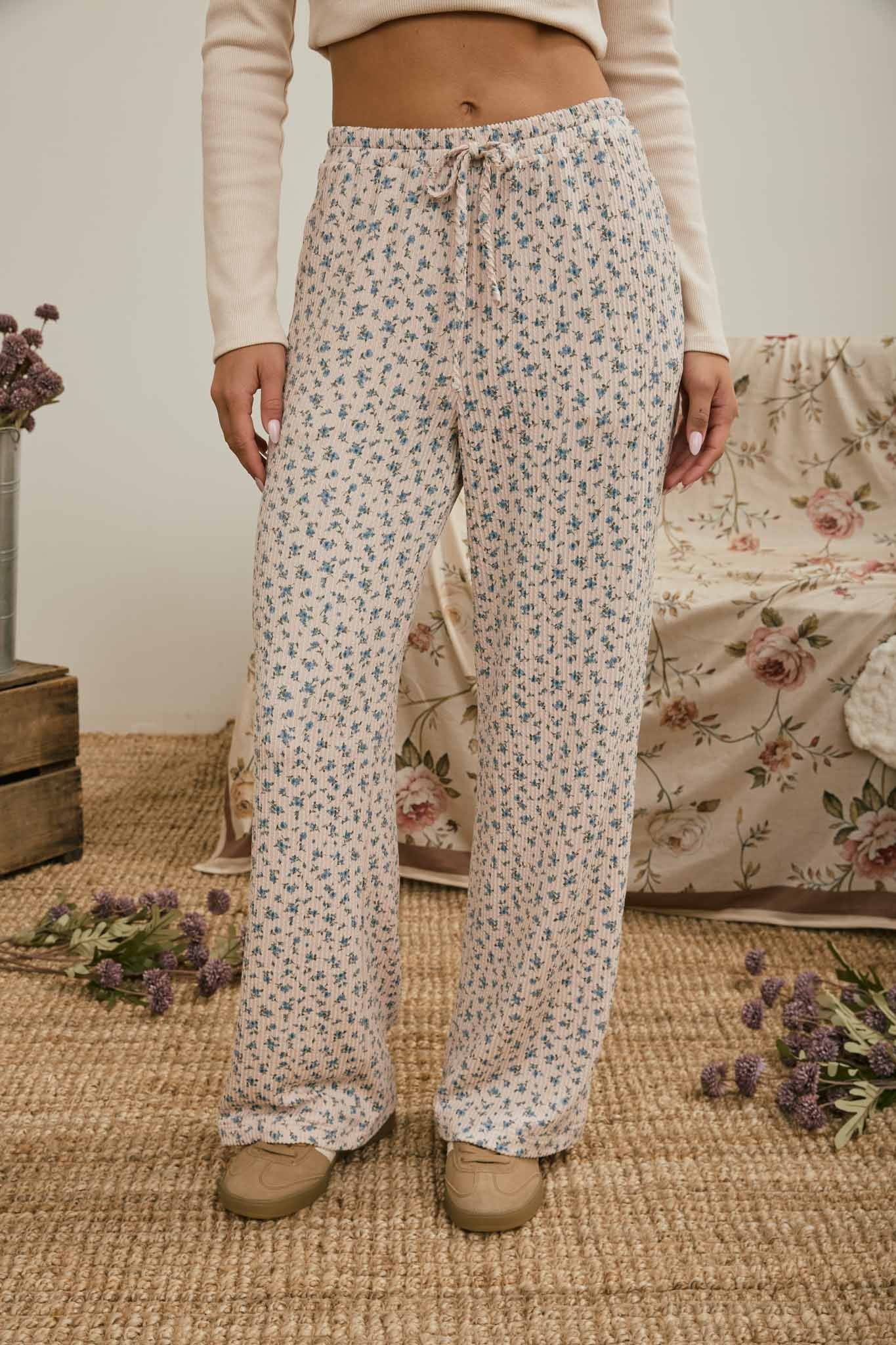 Ditsy Floral Rib Knit Wide Leg Lounge Pants