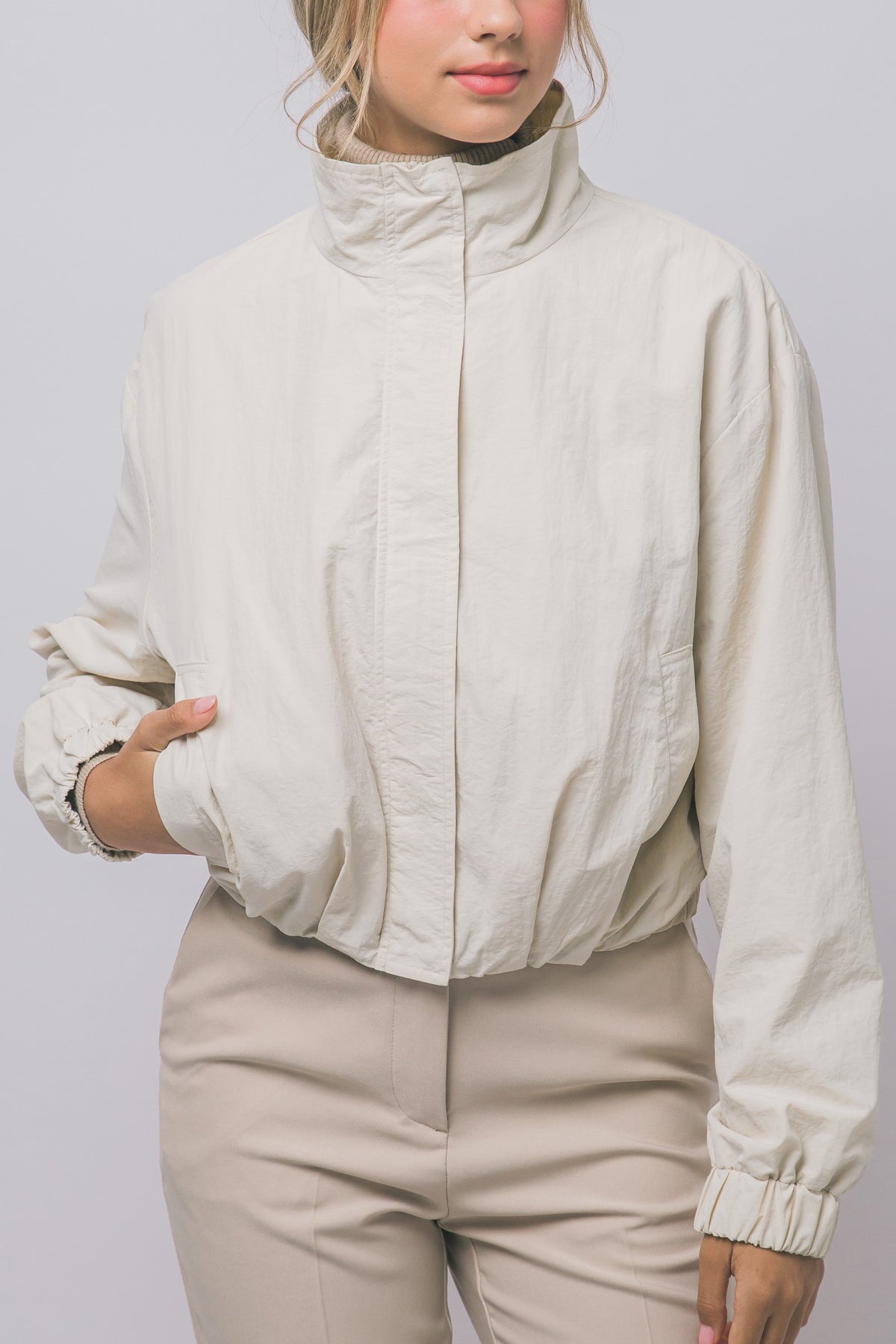 Cropped Nylon Windbreaker Jacket