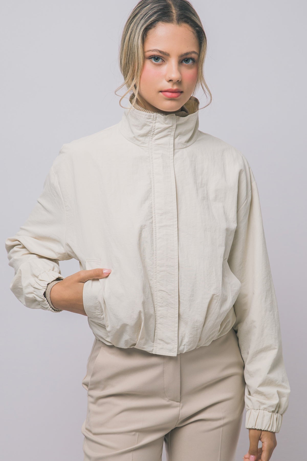 Cropped Nylon Windbreaker Jacket